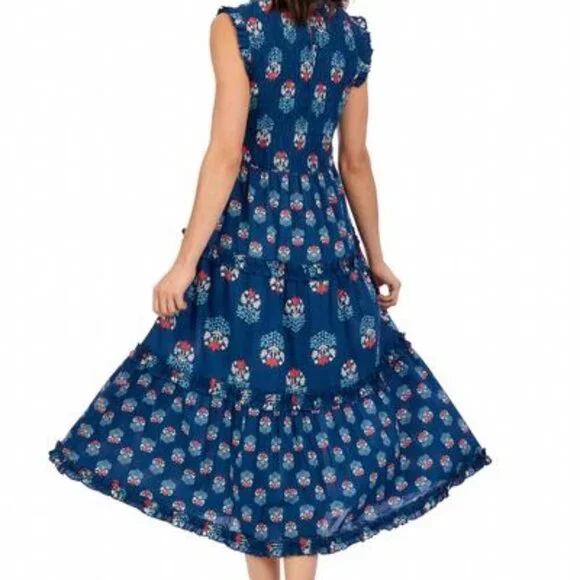 Ward Smocked Block Print Midi Dress Mud Pie Size S Navy - Picture 3 of 10